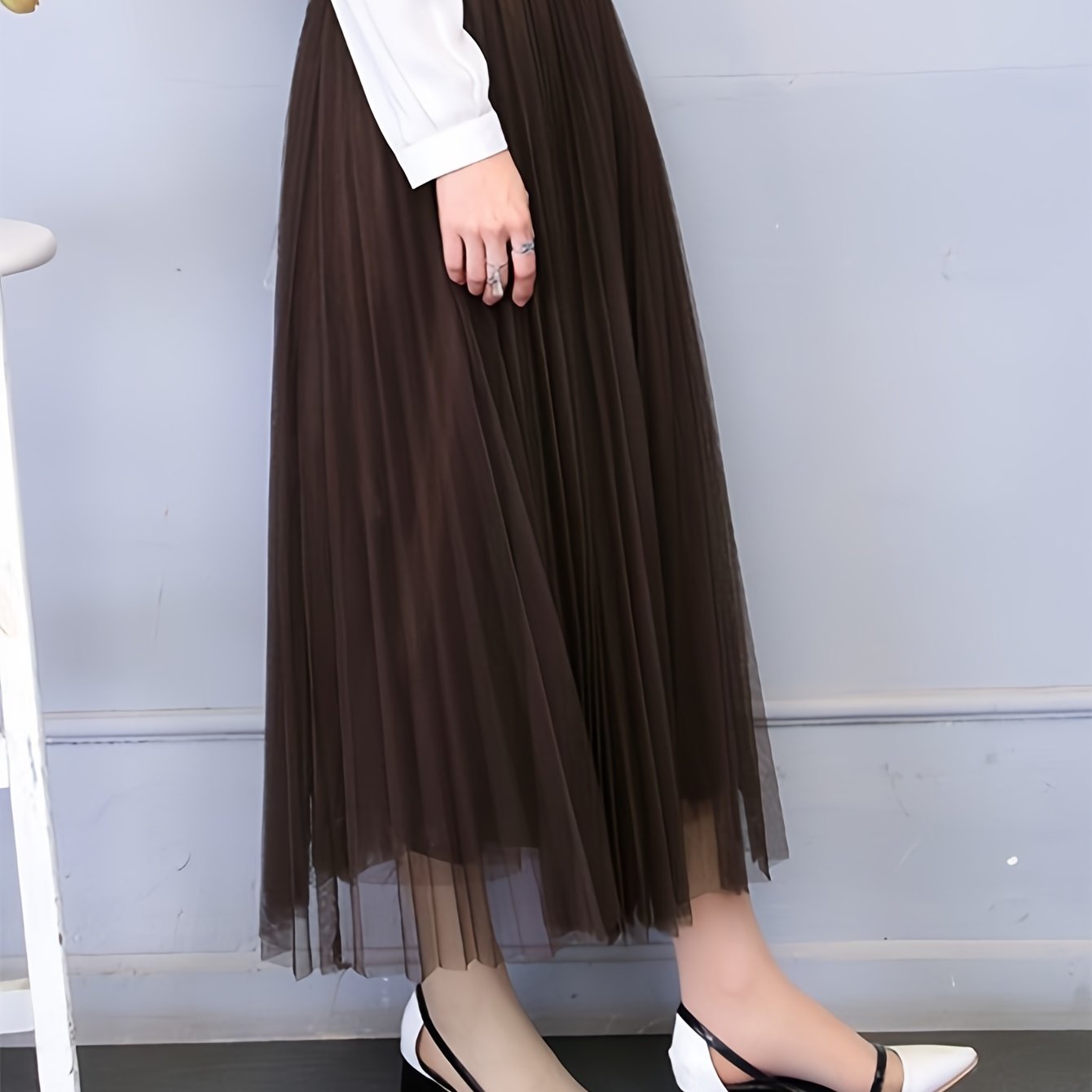 New Women's High-waist Solid Color Mesh A-line Pleated Skirt With Full Flared Hem