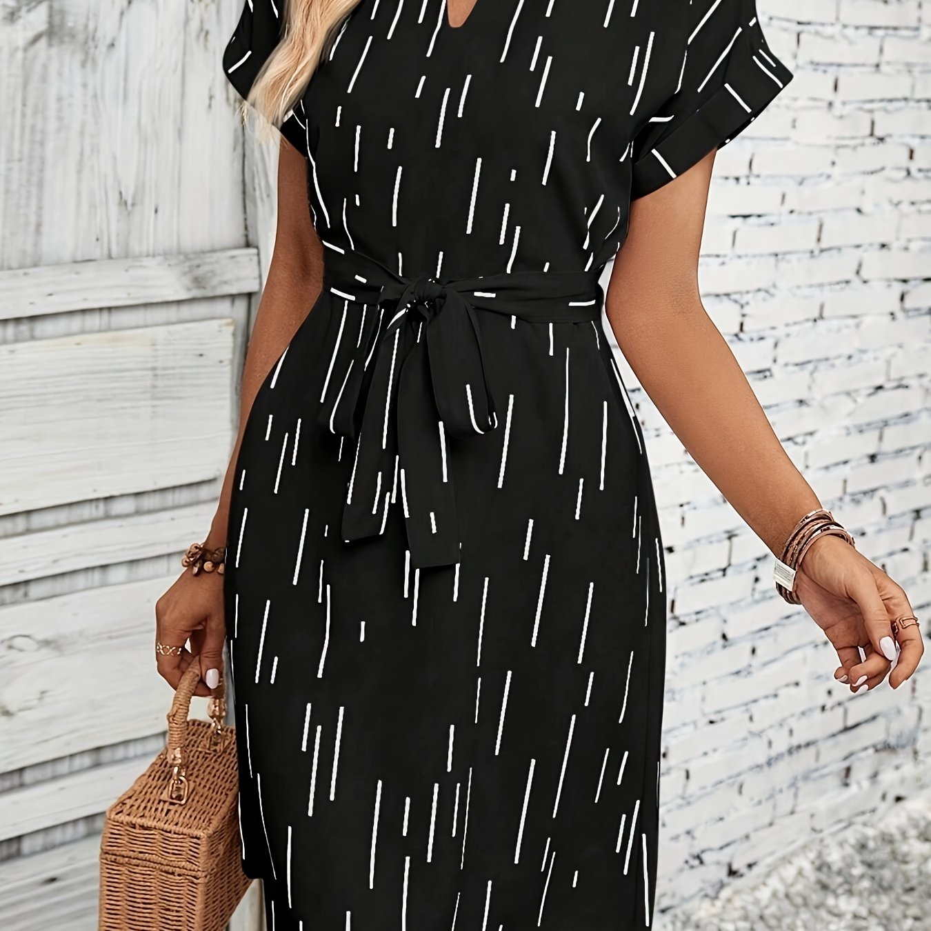 TEMU Women's Sleeveless V-neck Geometric Print Dress With Ruched Detail - White, Short, Casual Dress For Summer, Casual Summer Dress | Ruched Detail
