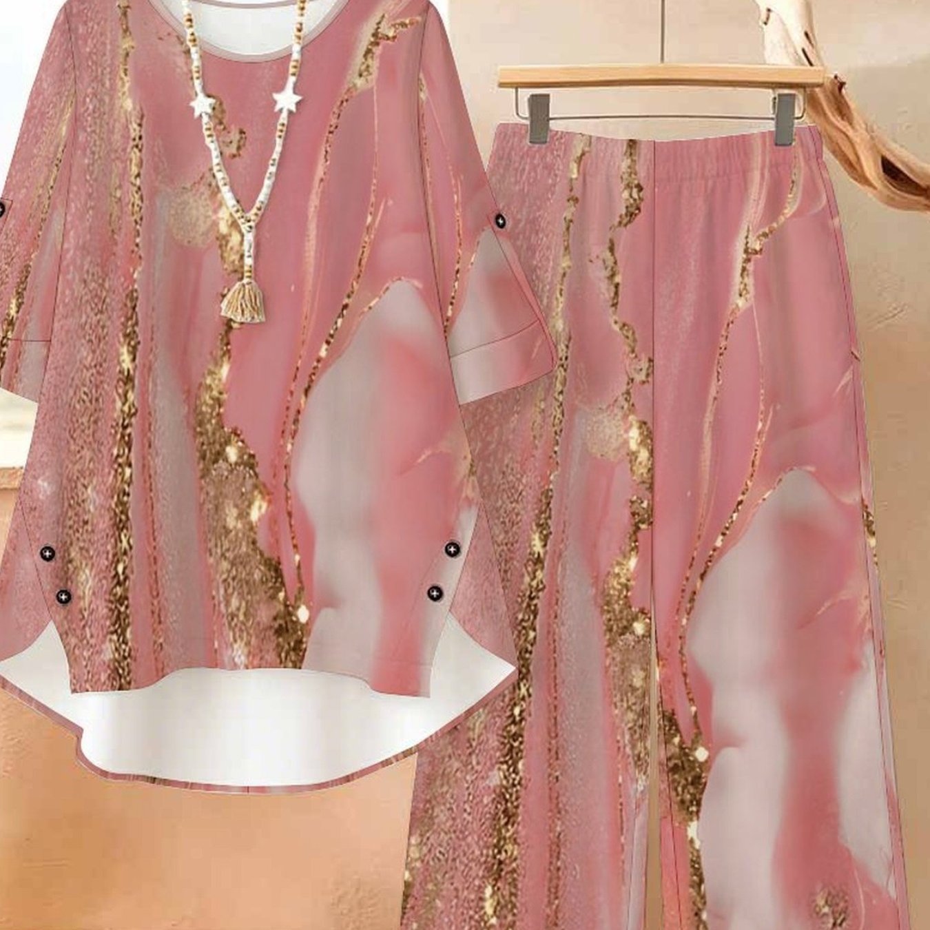 Plus Size, Plus Size Women 2pcs Outfit, Three-quarter Sleeve Top & Wide-leg Long Pants, Casual Elegant Style