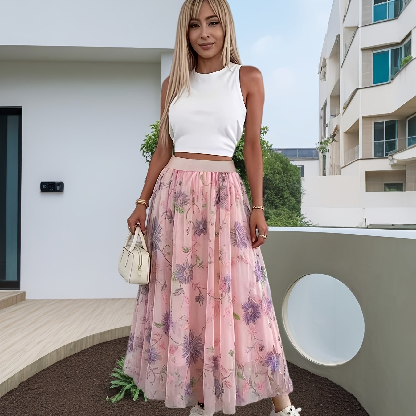 Mesh Printed Skirt Women's High Waist A-line Skirt Beach Long Skirt Elegant And Flowing Dance Skirt Holiday Large Swing Skirt