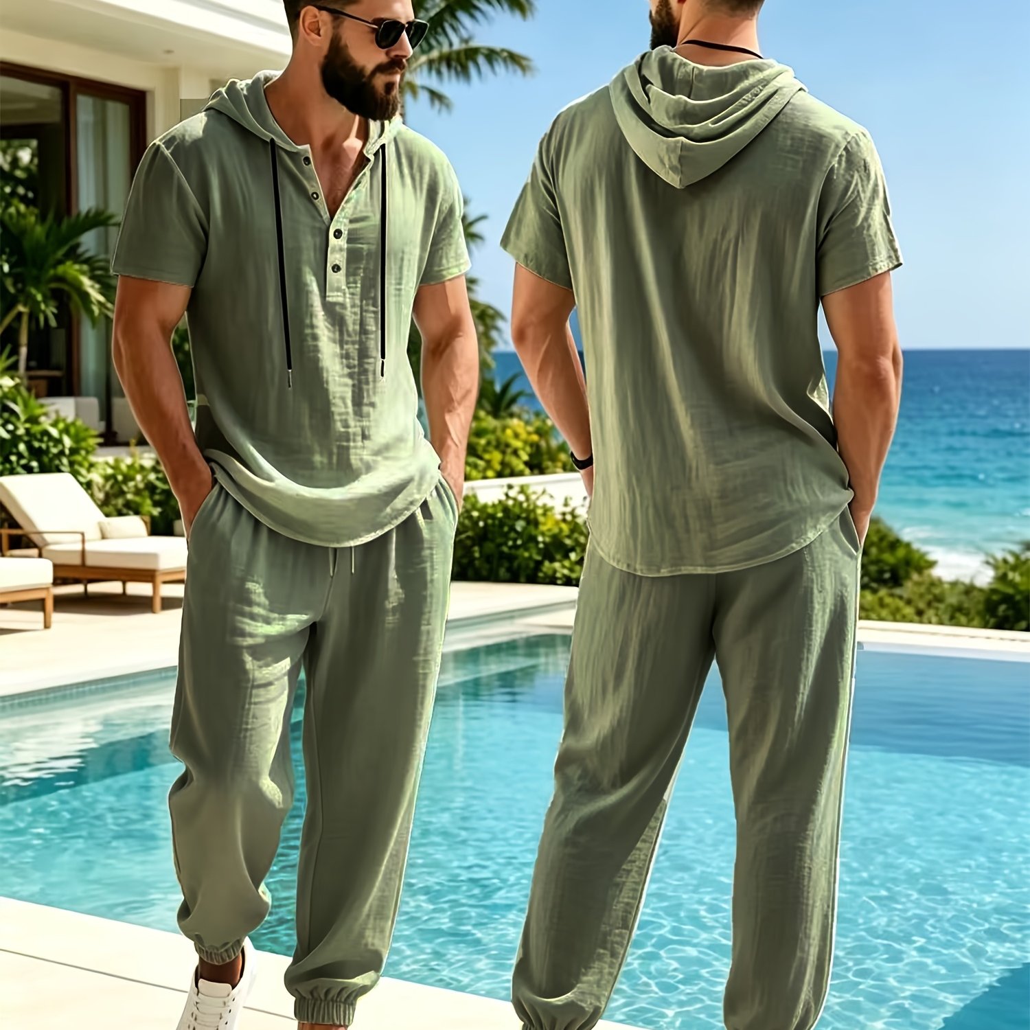 TEMU Men's Linen Set, Short-sleeve Henley Shirt And Jogger Pants Set, Linen Material, Comfortable And Breathable, Summer Essential, Summer Hoodie And