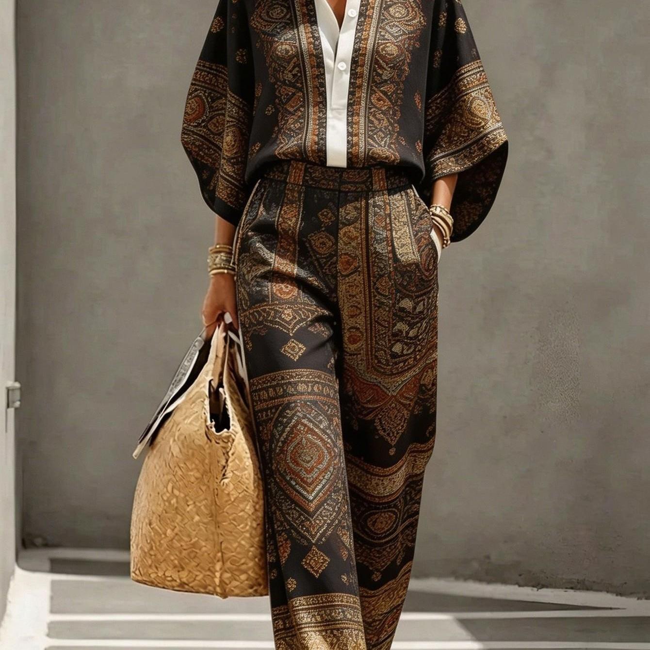 Plus Size - Elegant Old Money Style Women's Pant Suit: Collar Shirt And Straight-leg Trousers, Suitable For Daily Commuting, Work, And Casual Wear