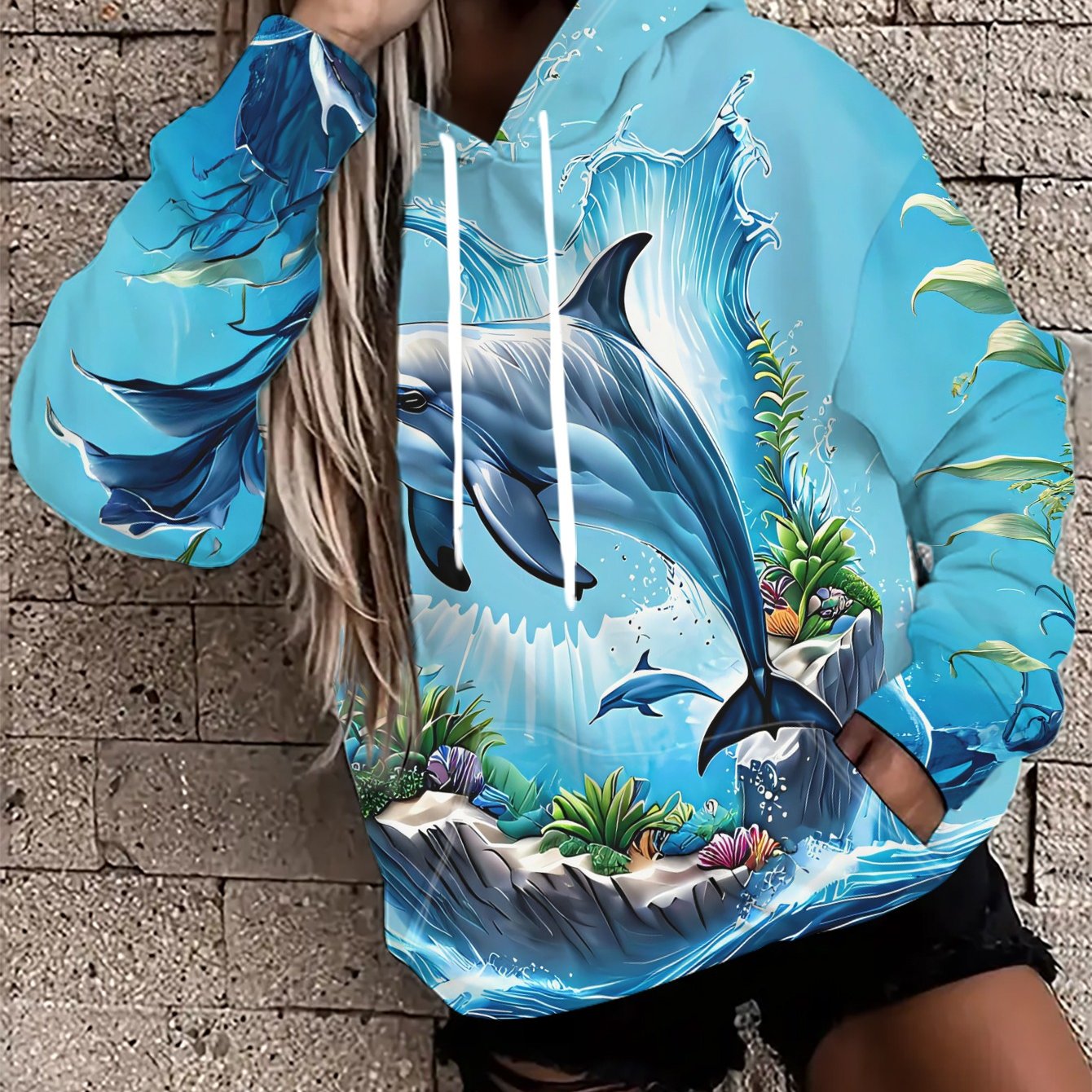 TEMU Women's Stylish Hoodie Featuring Jumping Out Of The Water, Surrounded By Seaweed And Coral Prints, Casual Wear