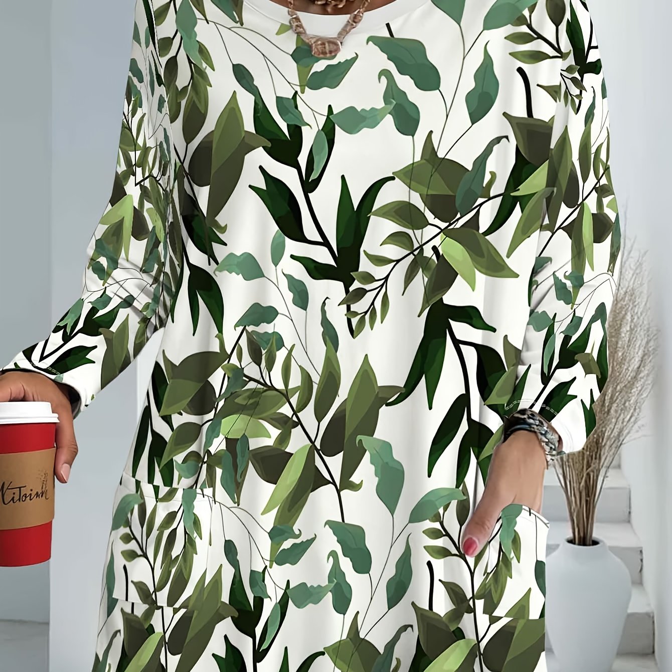 TEMU Plus Size, With Green Leaf Print Long-sleeve Plus-size Women's T-shirt, Double-pocket Round Neck Niche Trendy Cool