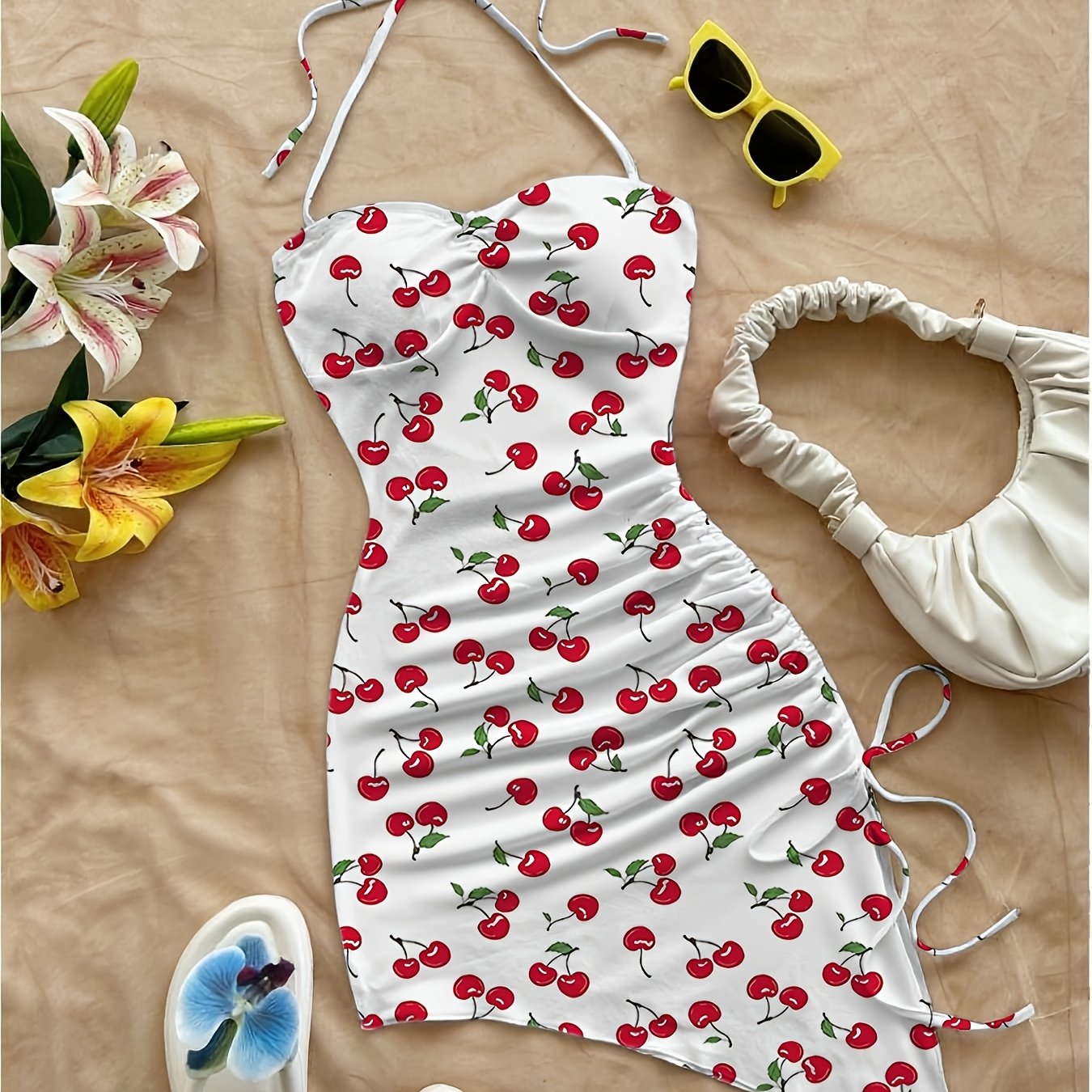 TEMU Women's Cherry Print Halter Neck Mini Dress - Sleeveless, Asymmetrical Hem, White With Red Cherries, Perfect For Parties, Beach , And Casual