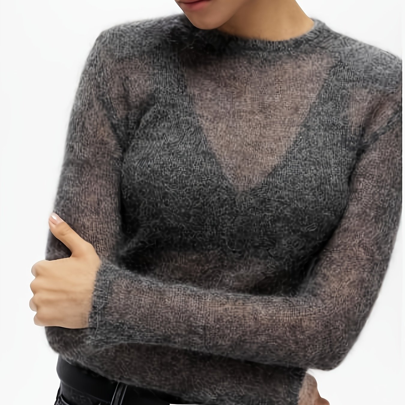 TEMU Autumn Winter Solid Color New Niche Design Elegant Round Neck Long Sleeve Base Top Daily Versatile Soft Women's Sweater Pullover Top