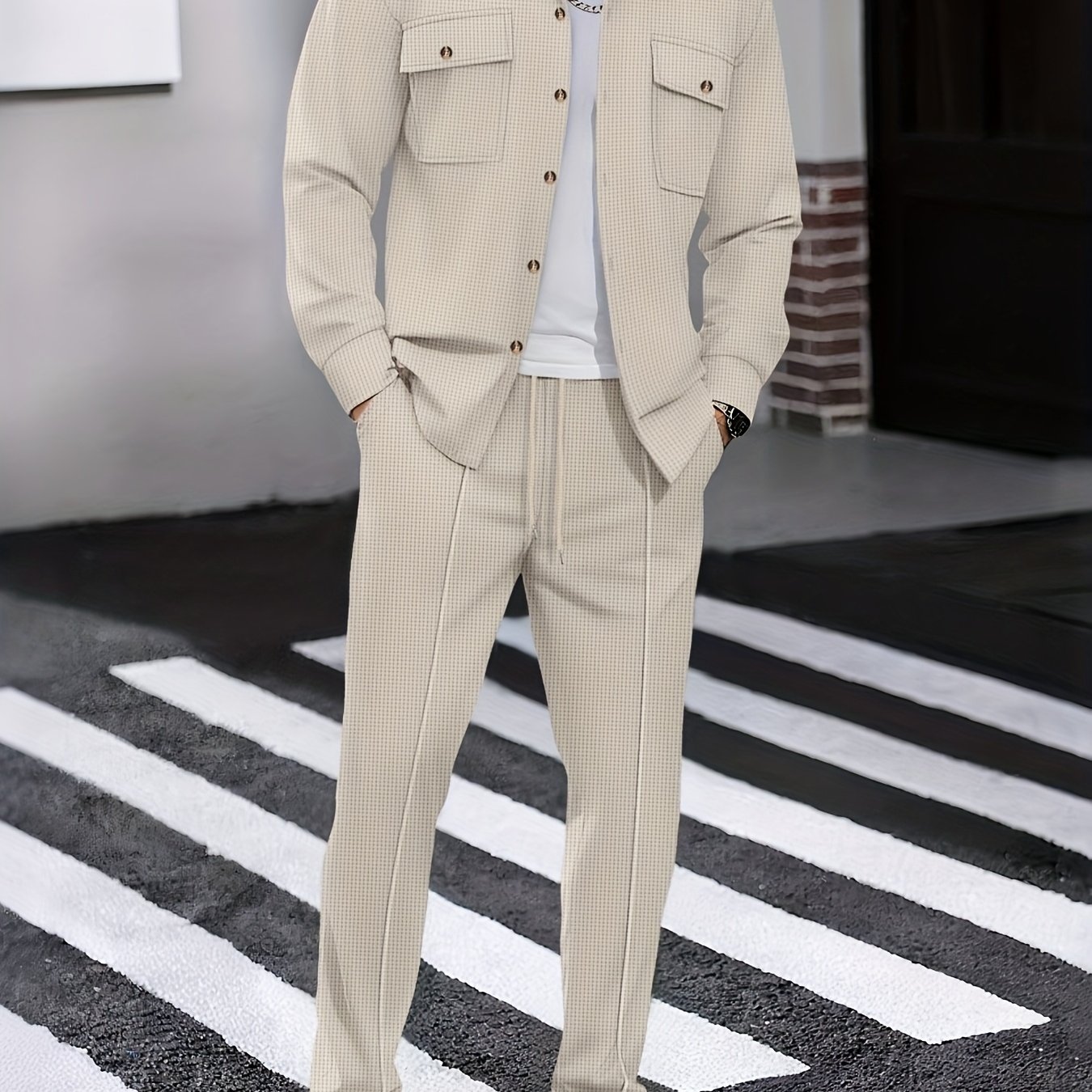 TEMU Conjunto de 2 Piezas para Hombre, Camisa de Larga con Dos Bolsillos y Pantalón a Solapa Sólido, Ropa Casual /Otoño Delgada