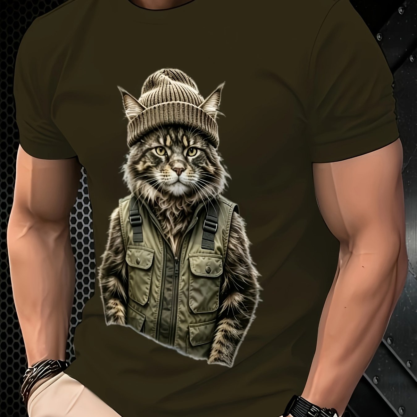 TEMU [printeddesign-nottextured] Trendy Maine Coon Cat Selfie Print T-shirt, Plus Size Men's Short Sleeve T-shirt, Extra Large Loose Fit, Round Neck