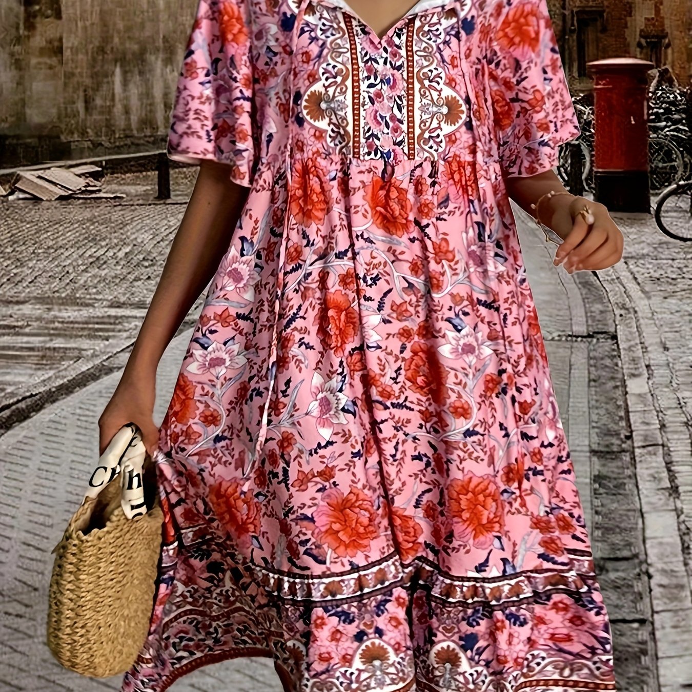 Ins New 2025 Women's Floral V-neck Loose Casual Bohemian Vacation Elegant Dress