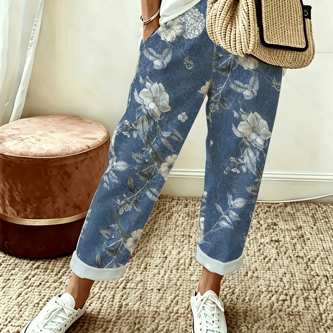TEMU Casual Blue Floral Print Straight Leg Pants | Non-stretch Fabric. Pocket Details. Elegant And Comfortable For Women For Vacation And Office