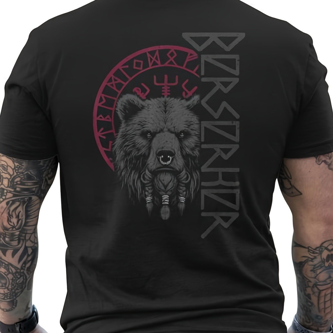 Norse Bear Berserker Men's Cotton T-shirt, Unisex Short-sleeved Crewneck Loose Base Top, Short Sleeve, Comfortable And Fashionable T-shirt For Spring, Summer, Autumn And Winter, Pure Cotton T-shirt