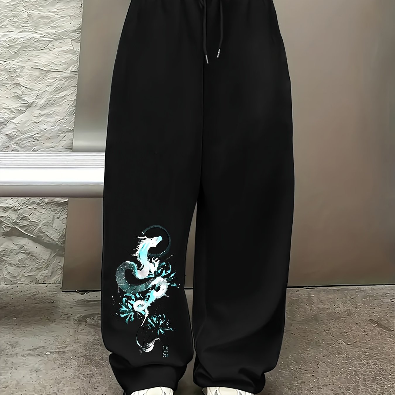 TEMU Pantalon à jambes droites avec imprimé dragon de style chinois, pantalon long décontracté, énergique, et polyvalent, pantalon large à taille
