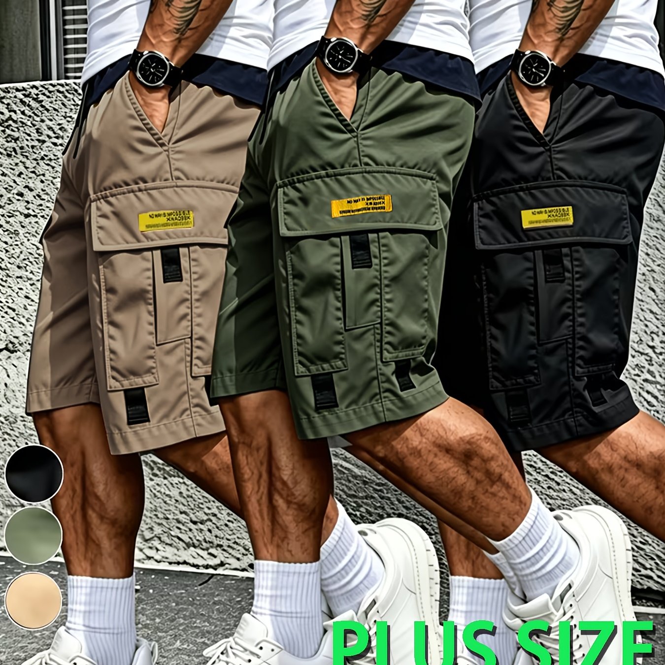 TEMU 3pcs Set Men's Plus Size Cargo Shorts With Elastic Drawstring Waistband, Quick-drying, Multi-pocket, Suitable For Gym, Fitness, Golf, Outdoor