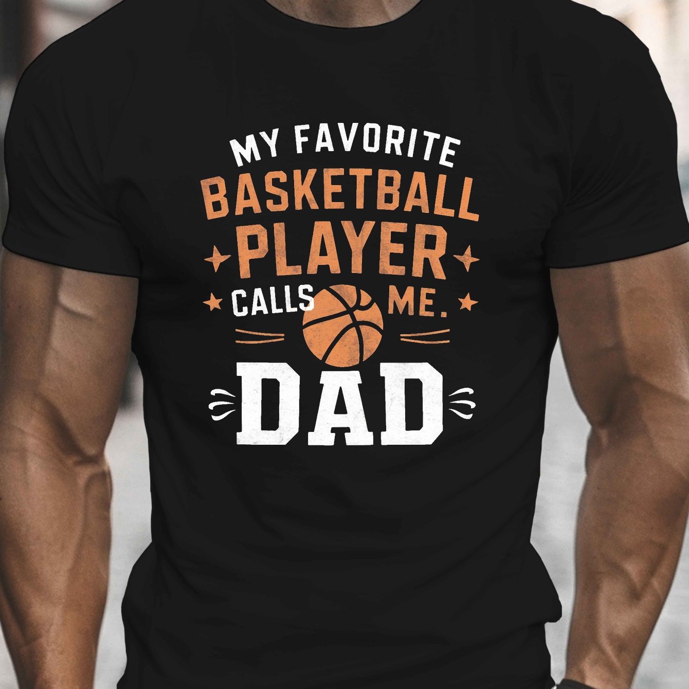 TEMU Men's Casual Basketball Dad Print T-shirt, 100% Polyester Crew Neck Short Sleeve Top, Summer Knit Fabric Tee With Stretch, Regular Fit -