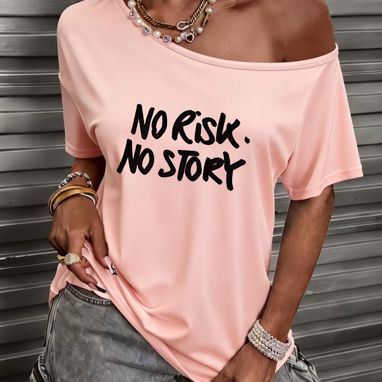 TEMU Women's Off-the-shoulder Short Sleeve T-shirt Top - No Story Handwritten Letter Print Blouse, Soft Round Neck Suitable For Casual & Sportswear,