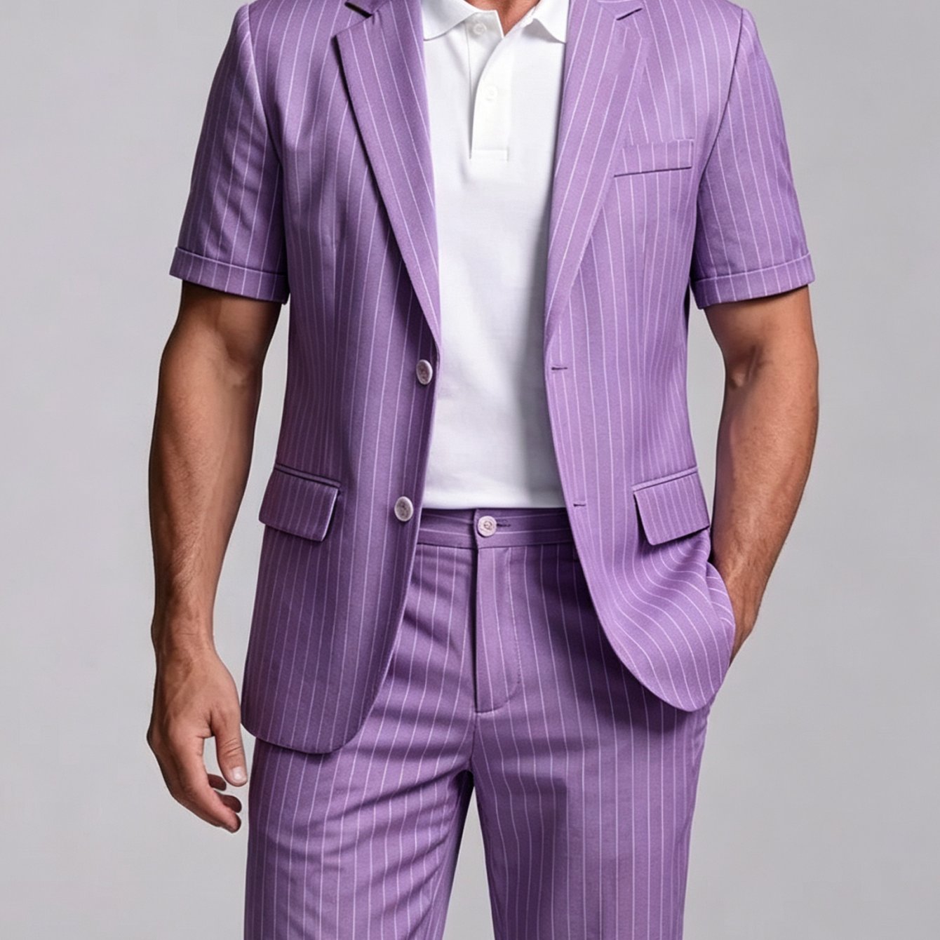 2pcs Set: Men's Business-casual & Sporty Printed Short-sleeve Suit Jacket With Notch And Two-button Closure, With Matching Shorts - Multiple Colors