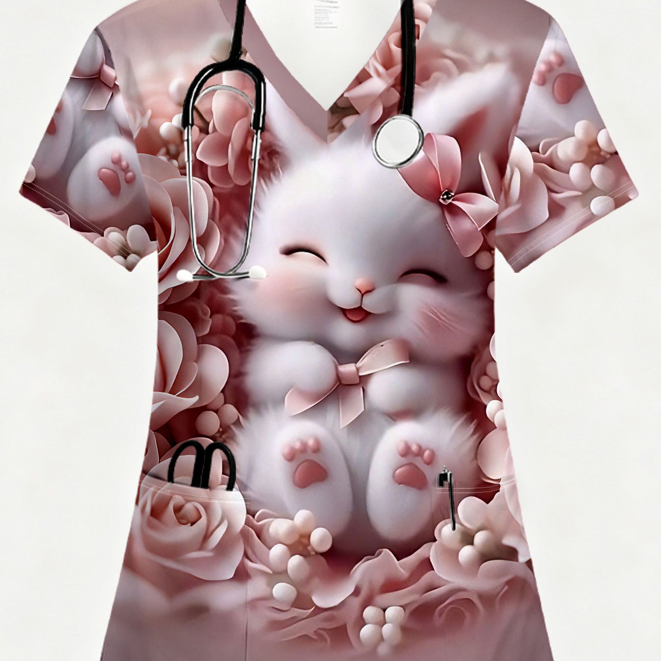 TEMU Women's Short-sleeve Pocketed Fashion Printed Uniform, Modern Minimalist Style, Cute Rabbit 2d Print, , Machine Washable, Suitable For Daily