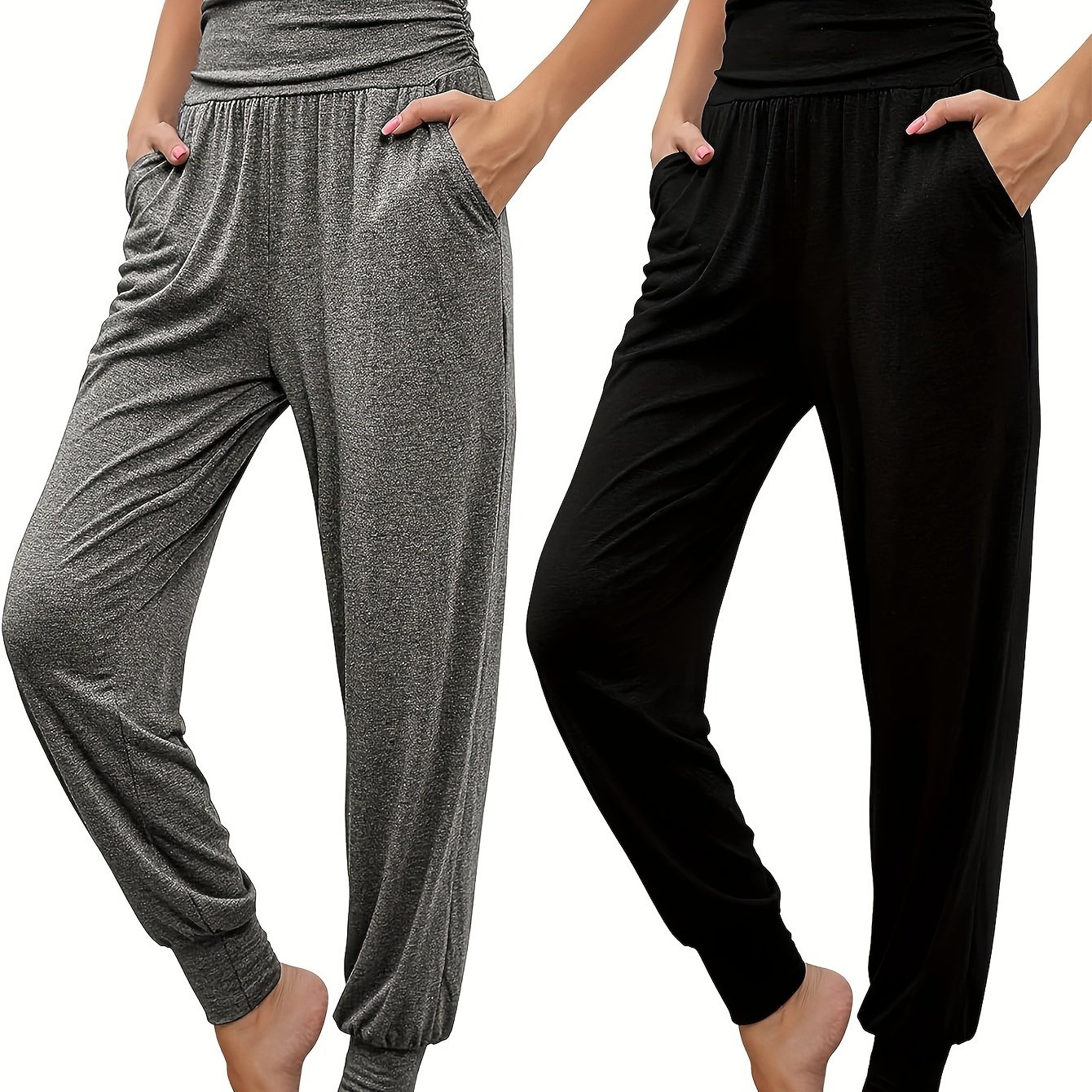 Women's High-waisted Pants, Two-pack, Solid Color, Dual Side Pockets, High Elasticity, Outdoor S Women's Trousers