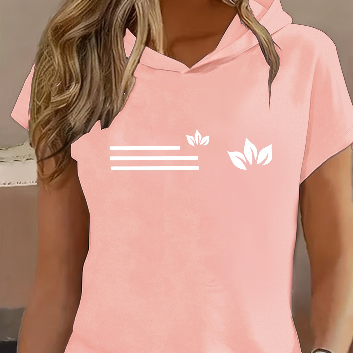 Image of 1pc Y2k Style Women's Sportswear | Hooded Loose Design, Soft Comfortable Top, Elegant Fashion T-shirt With Petal Pattern Stripes