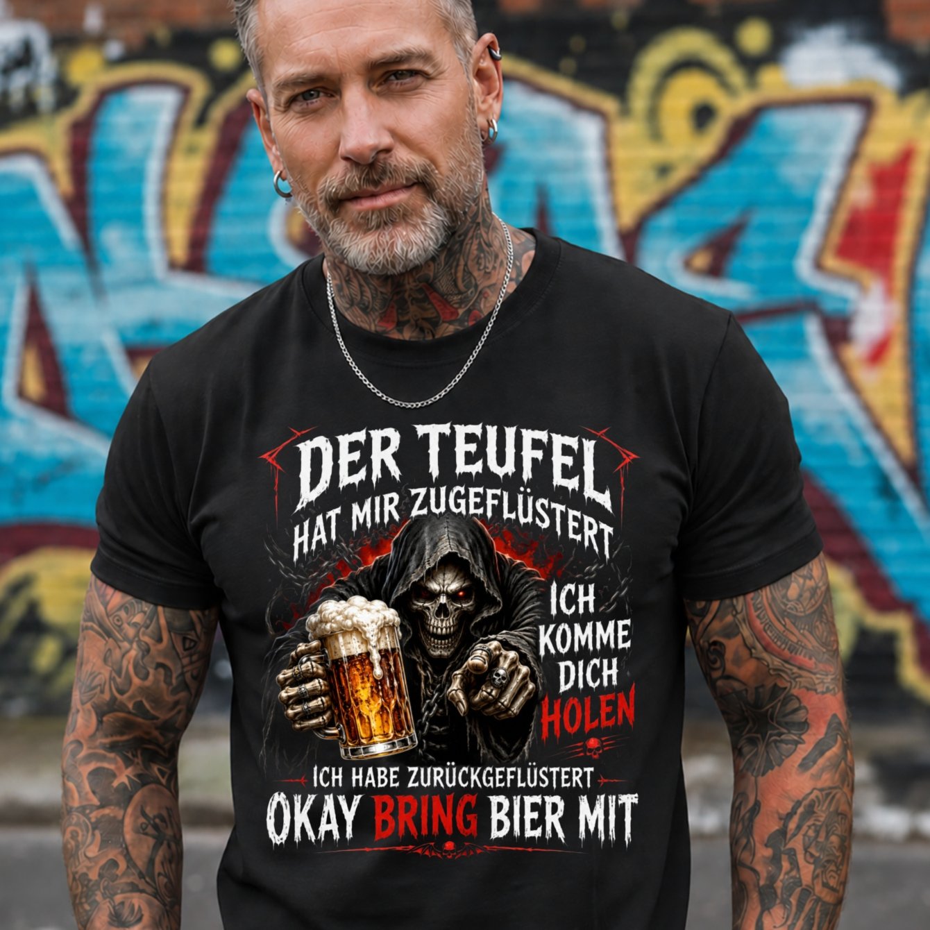 Der Teufel Okay Bier Mit T-shirt Skull Reaper With Foaming Beer And German Devil Quote In Red Biker Style Men's T-shirt
