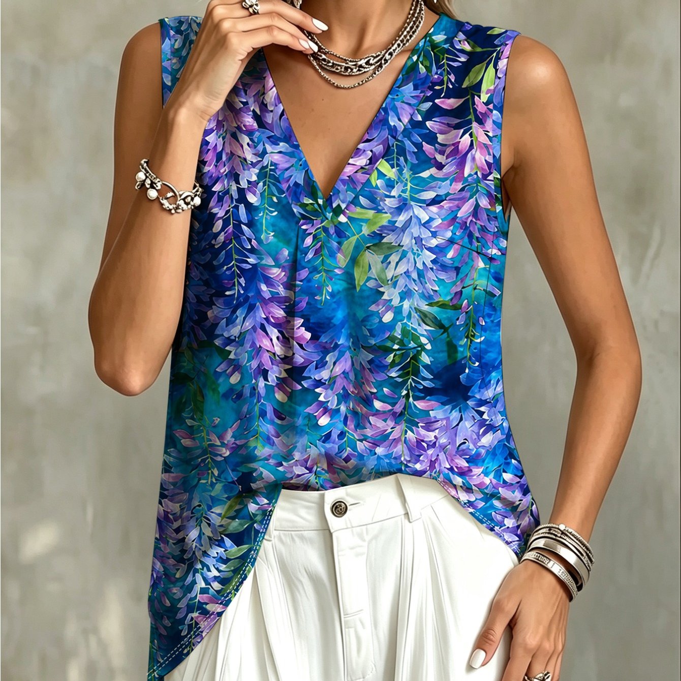 TEMU Plus Size Women's Round Neck Stretch Sleeveless V-neck Vest, Watercolor Wisteria Floral Artistic V-neck Top, Comfortable And Practical Vest For