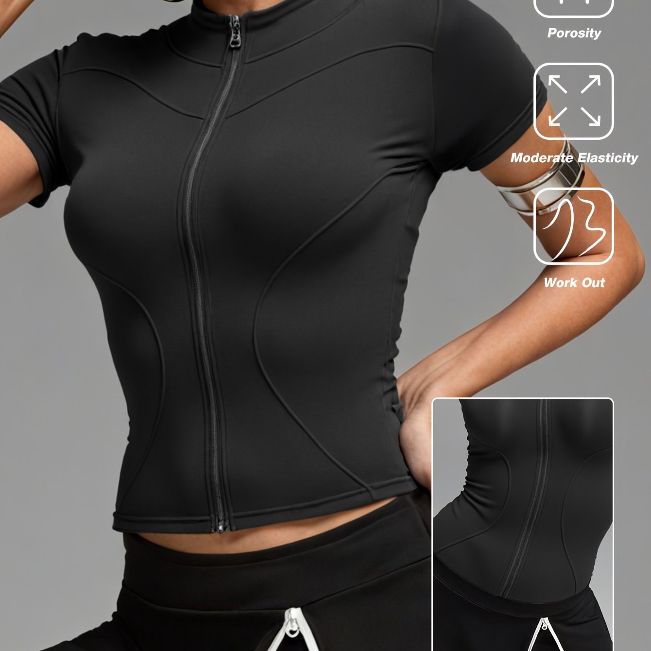 E-shop Damenmode Casual Kurzarmjacke mit Revers Reißverschluss, Slim-Taille Doppelbogen Design, Modische Oberteile