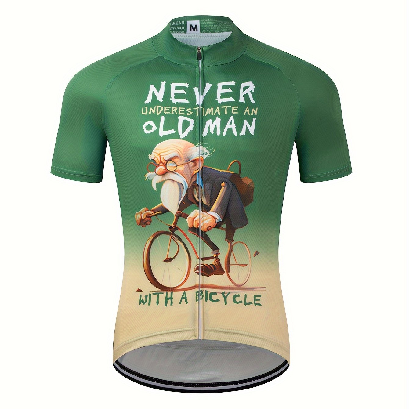 Image of 'never Old Man' Cartoon Pattern Men's Short Sleeve Cycling Jersey, Full -dry Road Bike Breathable Suit, Outdoor Sports Top With 3 Rear Pockets