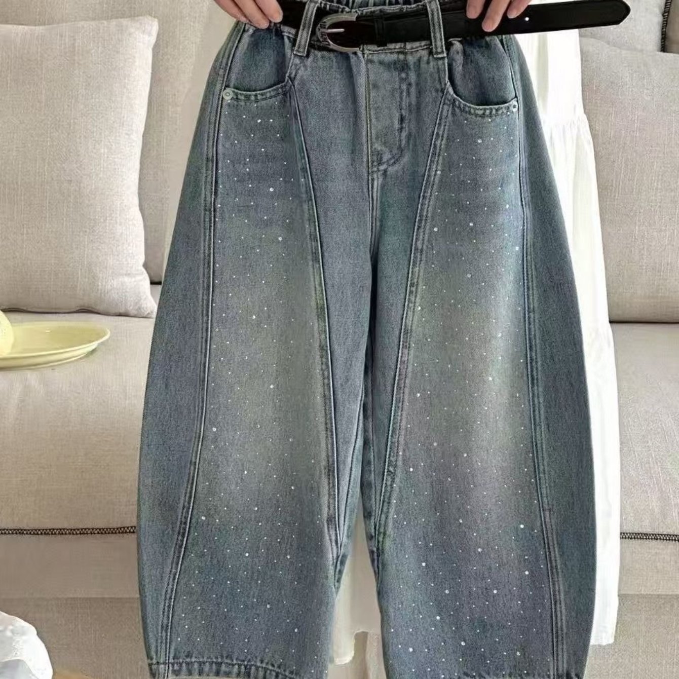 TEMU Pantaloni di jeans per ragazze vestibilit� a curva con strass, pantaloni casual stile per bambini, abbigliamento streetwear