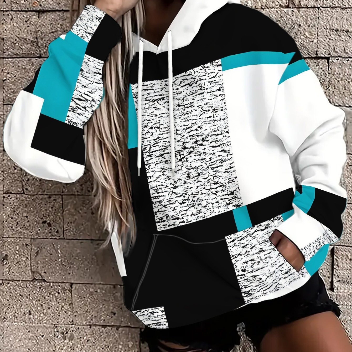 TEMU Fashionable Women's Loose-fit -style Hooded Sweatshirt With Abstract Blue, White, And Black Checkered Pattern. Features A Color-, Relaxed Fit,