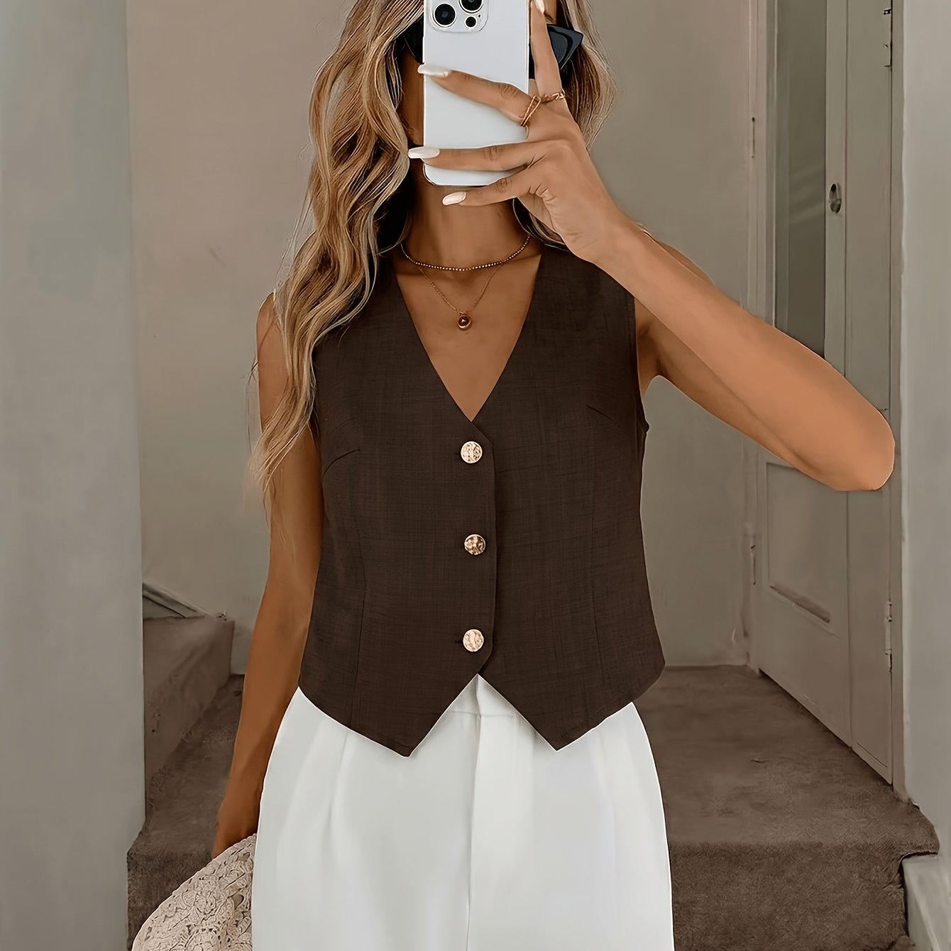 TEMU Women's Summer Thin V-neck Asymmetrical Hem Vest, Metallic Front-button Loose Commuter Vintage Style Vest
