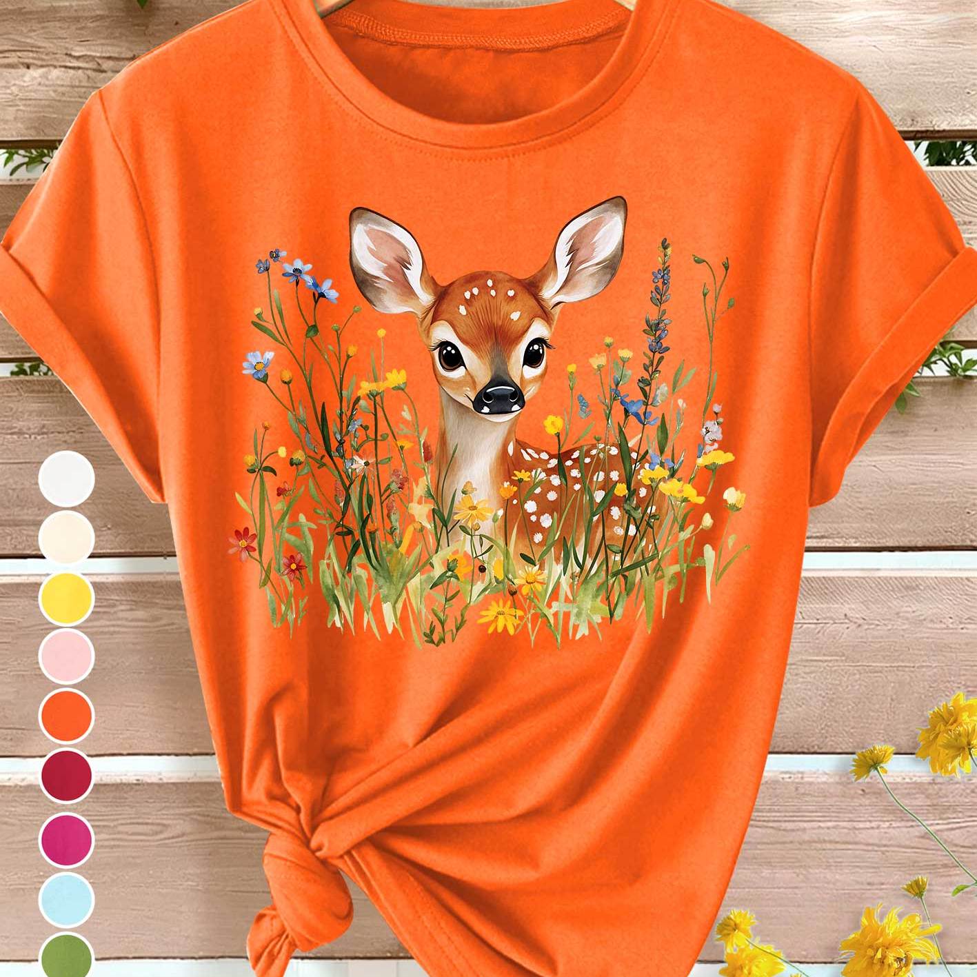 TEMU New Summer Women's T-shirt With Watercolor Fawn Print, Elegant Vintage Style For Spring, Summer, And Autumn, Loose Fit, Versatile For Casual And