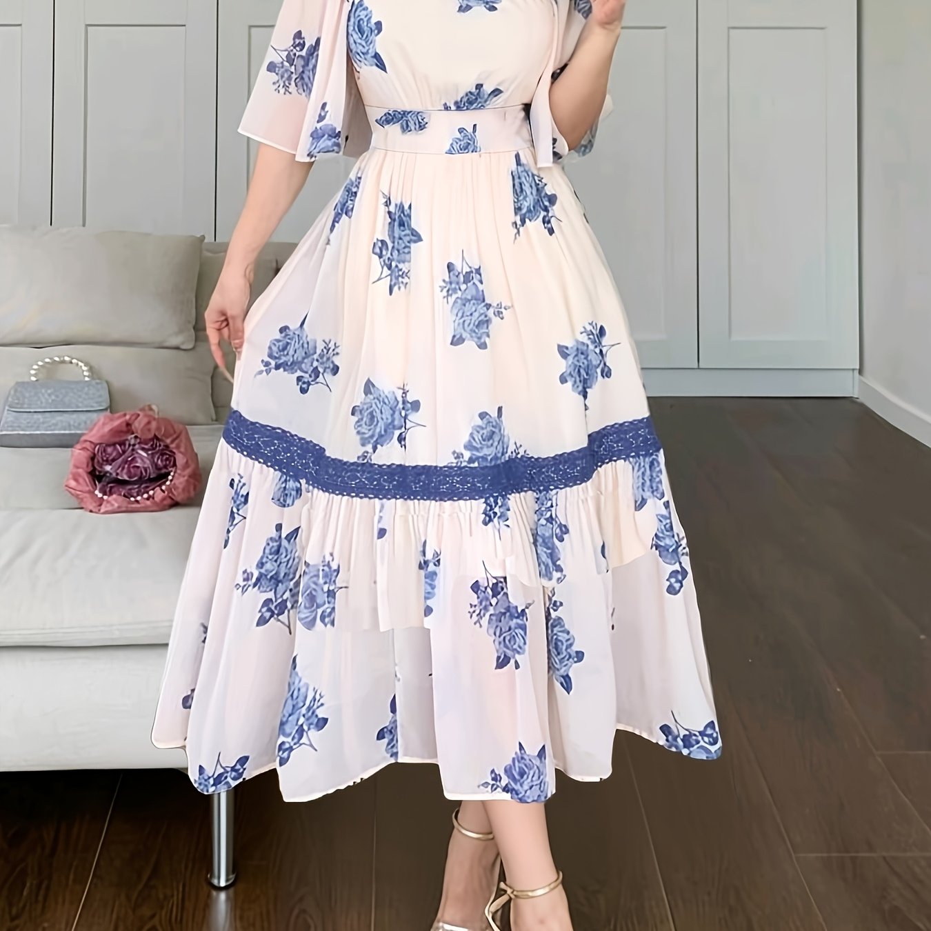 TEMU Women's Elegant Square Neck Bell Sleeve Maxi Dress With Waist-cinching - Short Sleeve -line Dress Suitable For Date Night, Wedding Guest,