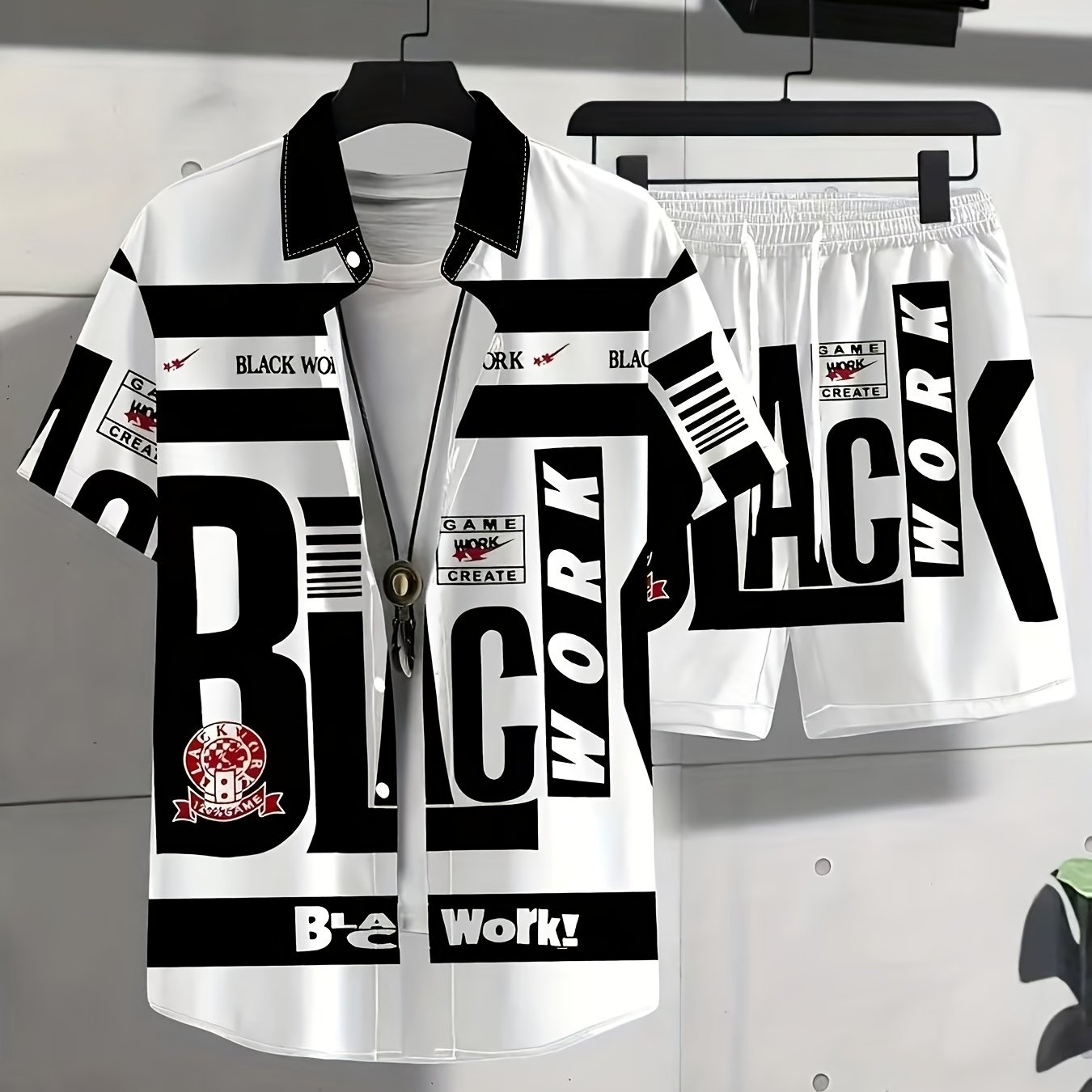 TEMU 2pcs Men's Casual 3d Digital Printed Shirt Set, Printed Collar Shirt And Shorts Set, With Elasticity And Button Details
