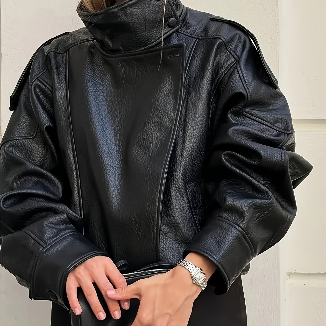 TEMU Women's Loose Biker Jacket, High Collar Asymmetrical Zipper Street Casual Coat