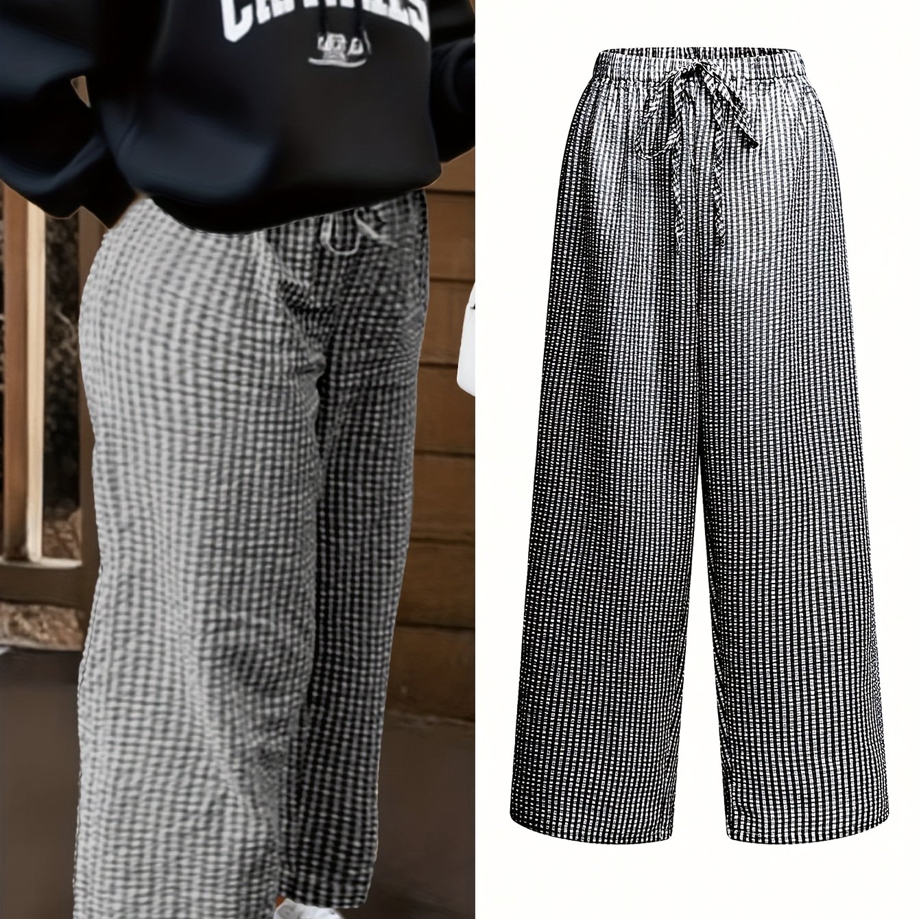 TEMU Plus Size - Plus Size - Plus Size Women's Clothing, Women's Fashion Elegant Plaid Loose Wide-leg Trousers, Suitable For , Autumn Women's Casual