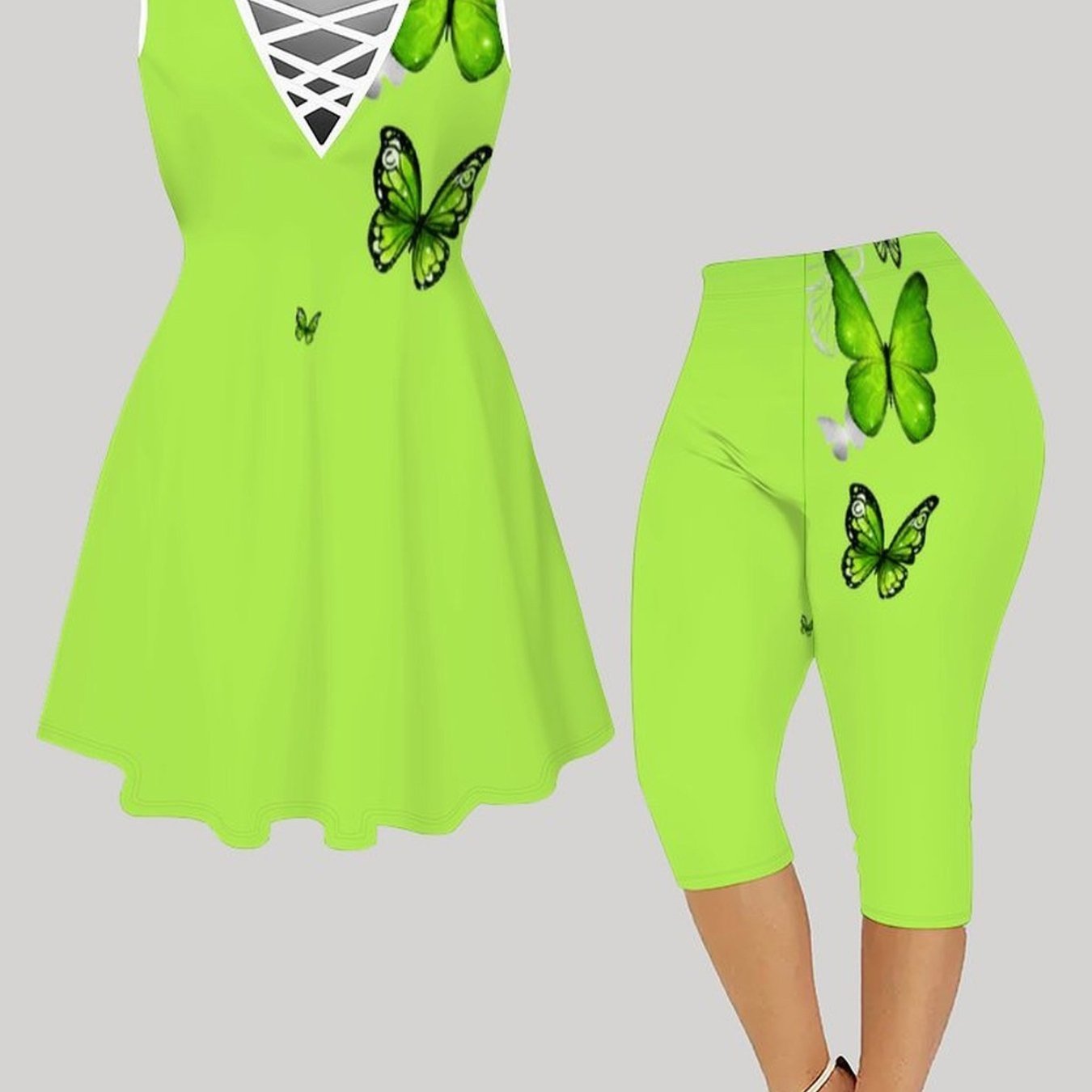 Plus Size - Plus-size Women's Matching Set (crisscross Cami Top Dress And Capri Pants), Classic Trendy Prints, Suitable For Daily Commuting And Parties