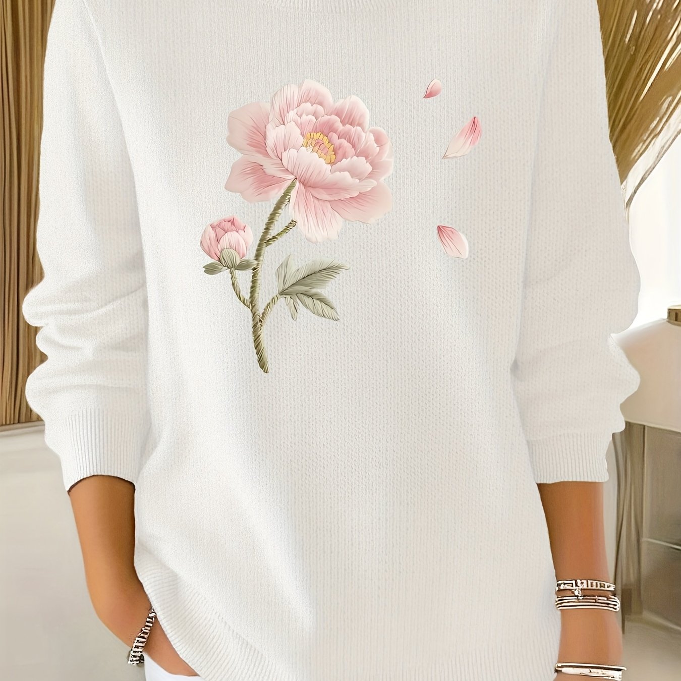 TEMU 2d Printed Embroidery-like Women's Commuter Versatile Fine Sweater, Comfortable Fabric, Long Sleeve Sweater With "flower Embroidery" Pattern