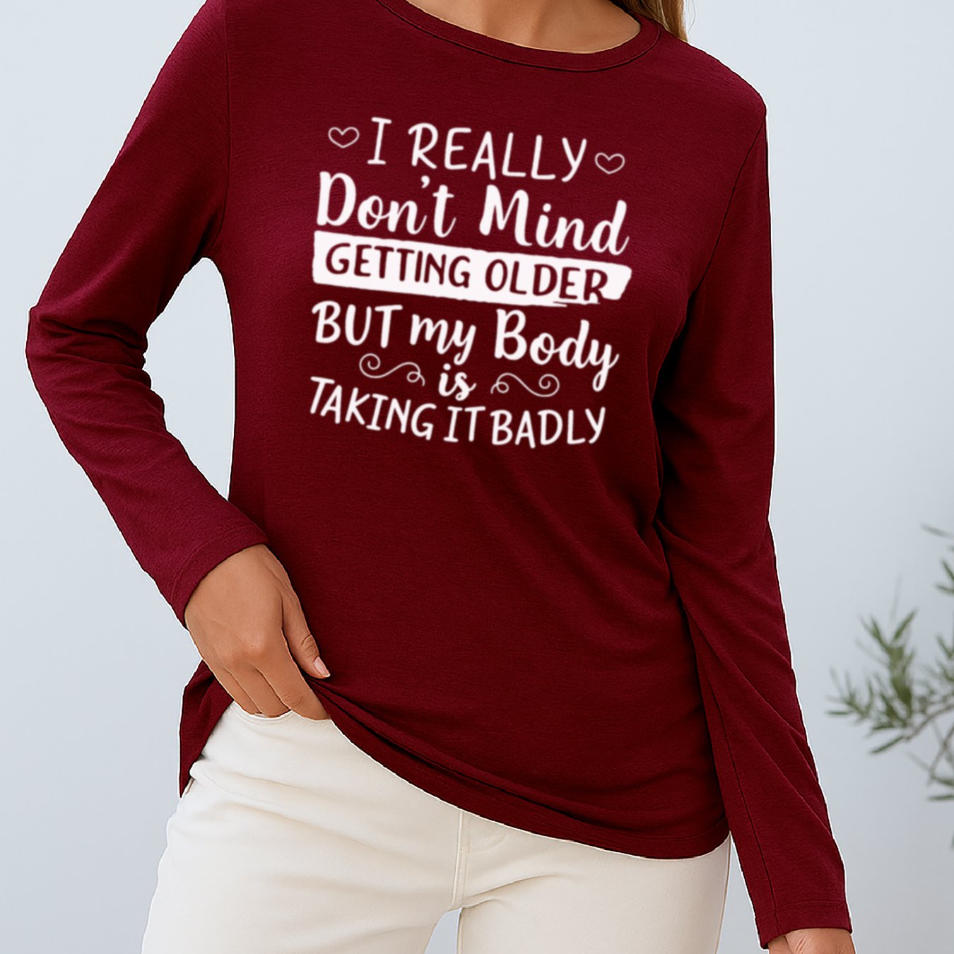 TEMU "motivational Quotes" Long-sleeved T-shirt, Fashionable Style, Women's Clothing, Medium , Round-neck Top