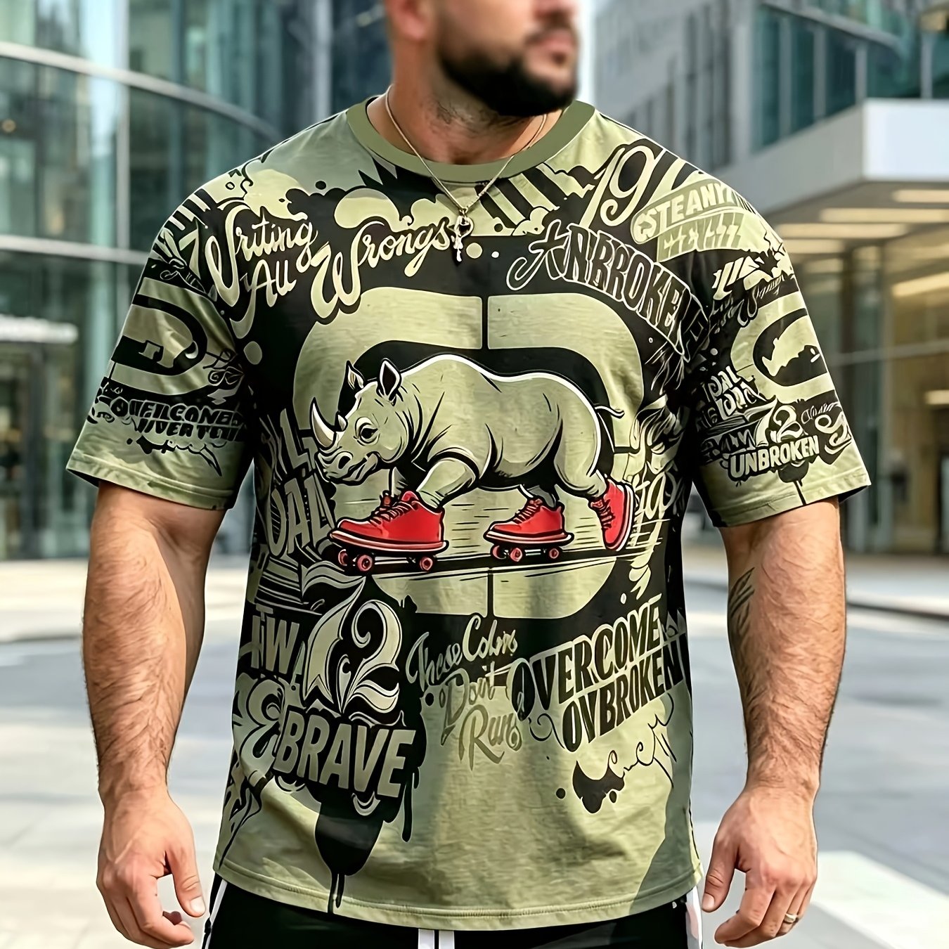 TEMU Men's Plus Size T-shirt, Versatile Crew Neck Tee, Skateboard Vintage English Graffiti Print, Streetwear Fashion, Unique Niche Fashion Item, ,