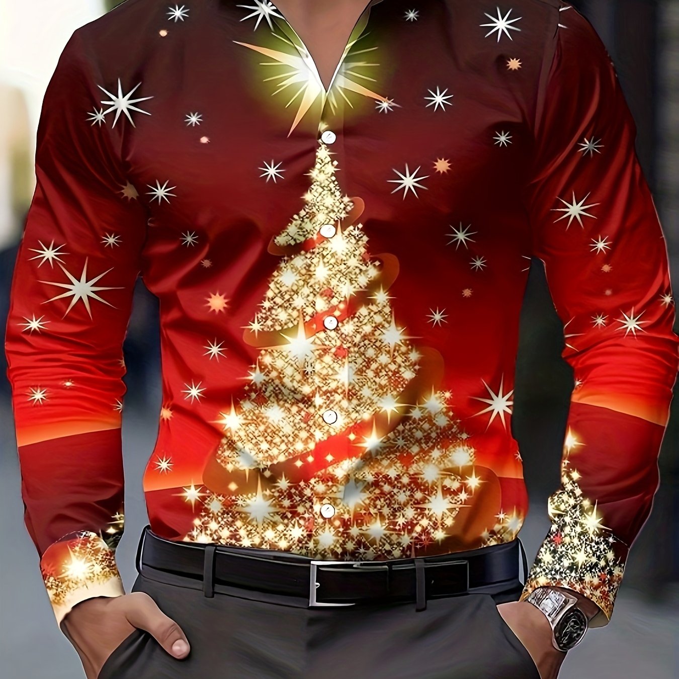 TEMU Printed Design â Not Textured Men's Long Sleeve Shirt, Thanksgiving, Christmas, Halloween, Party, Lapel Long Sleeve Shirt With Snowflake And