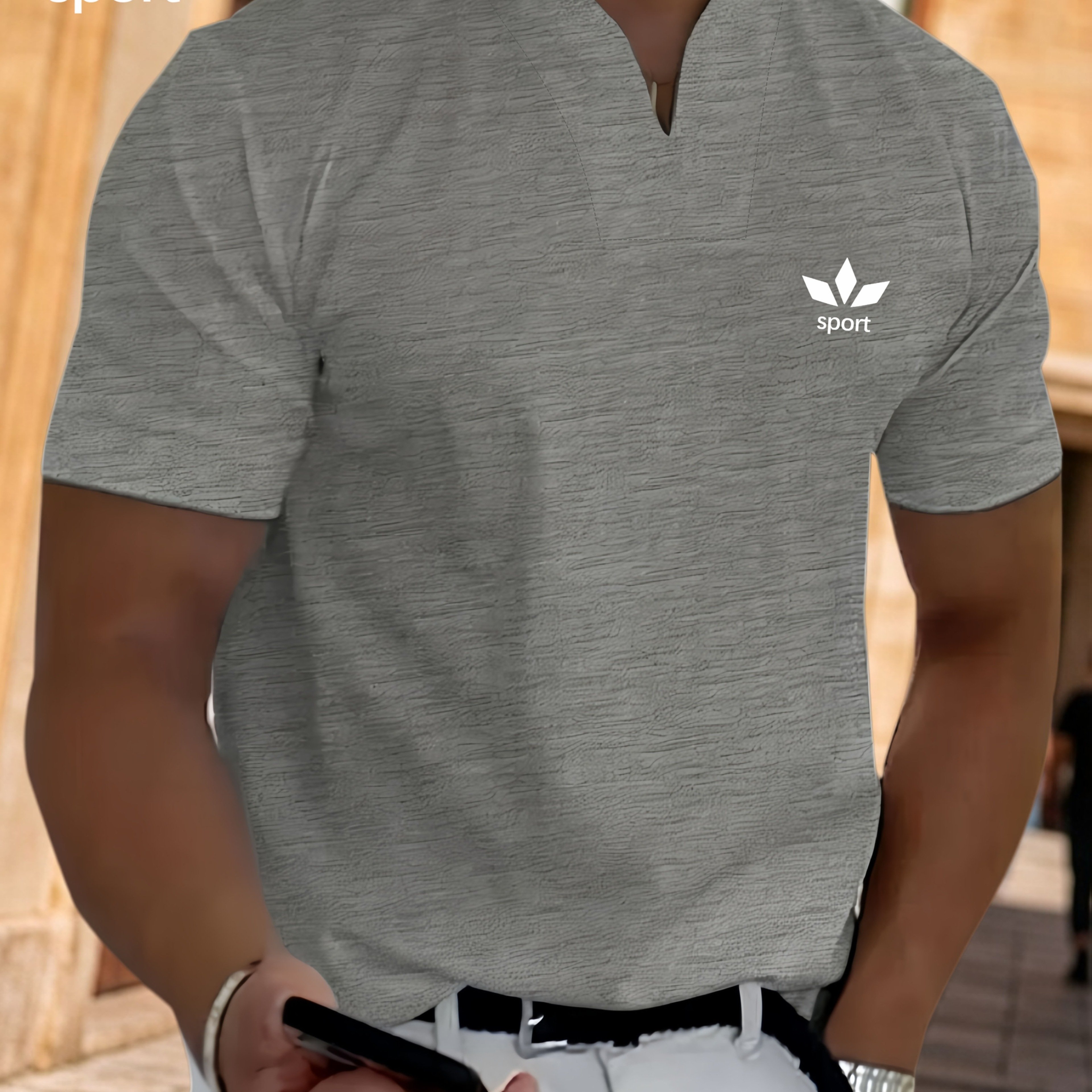 TEMU Men's Lightweight V-neck T-shirt Short Sleeve Casual - Soft Breathable Solid Color Tee With Logo For Business Casual & Daily Wear