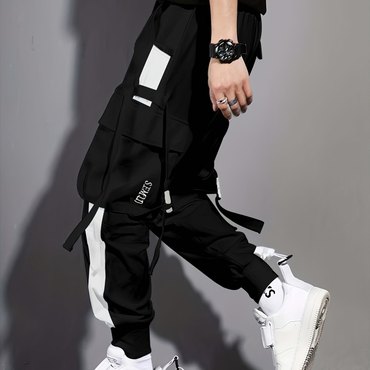 Multi-pocket Ribbon Design, Summer Breathable Thin Color-block Overalls For Men, Fashionable And Comfortable Jogging Pants