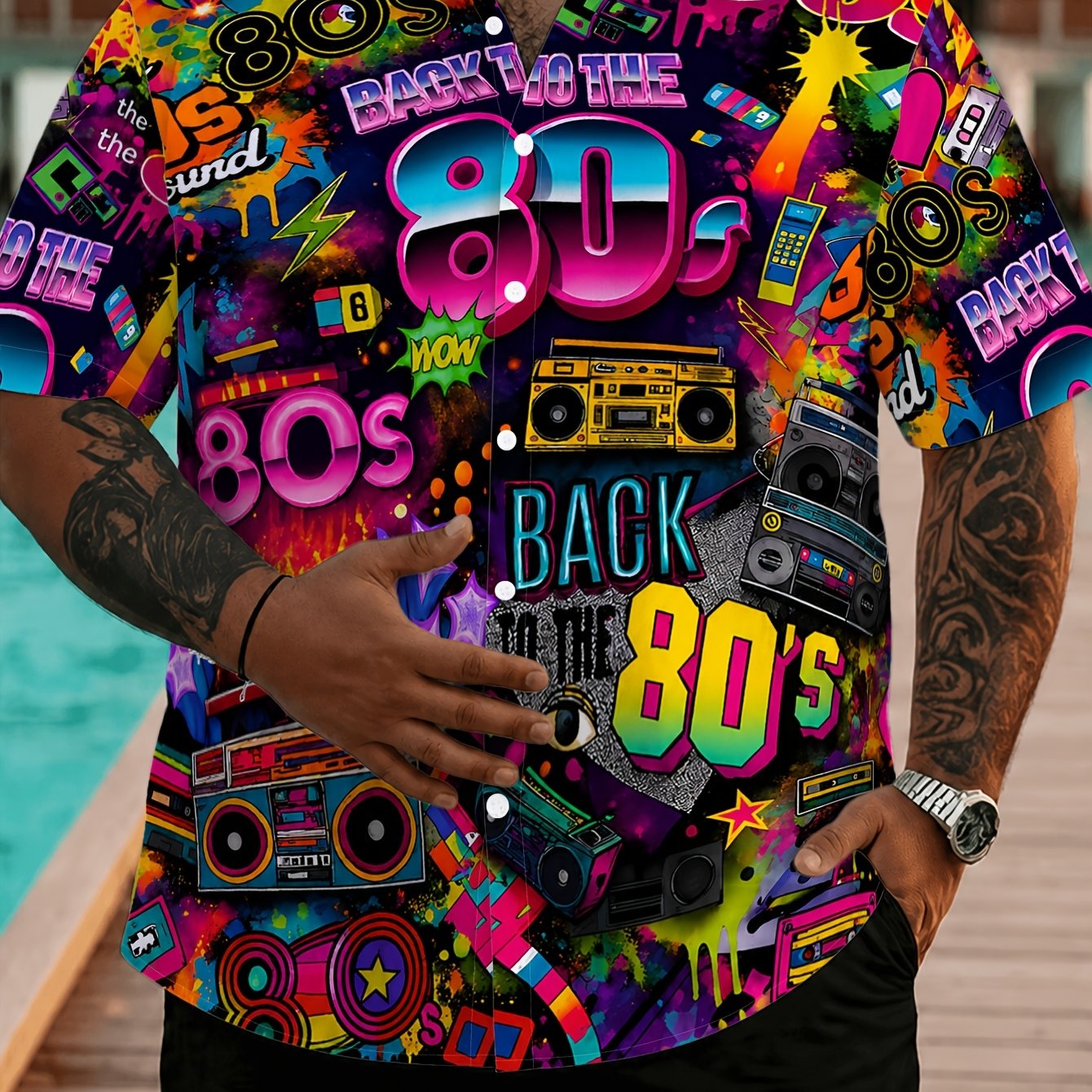 TEMU Men's Vintage 80s Themed Short-sleeve Shirt, Neon Pink-purple Print, 80s Style Pattern, With Lapel Collar And White Buttons, Plus Size