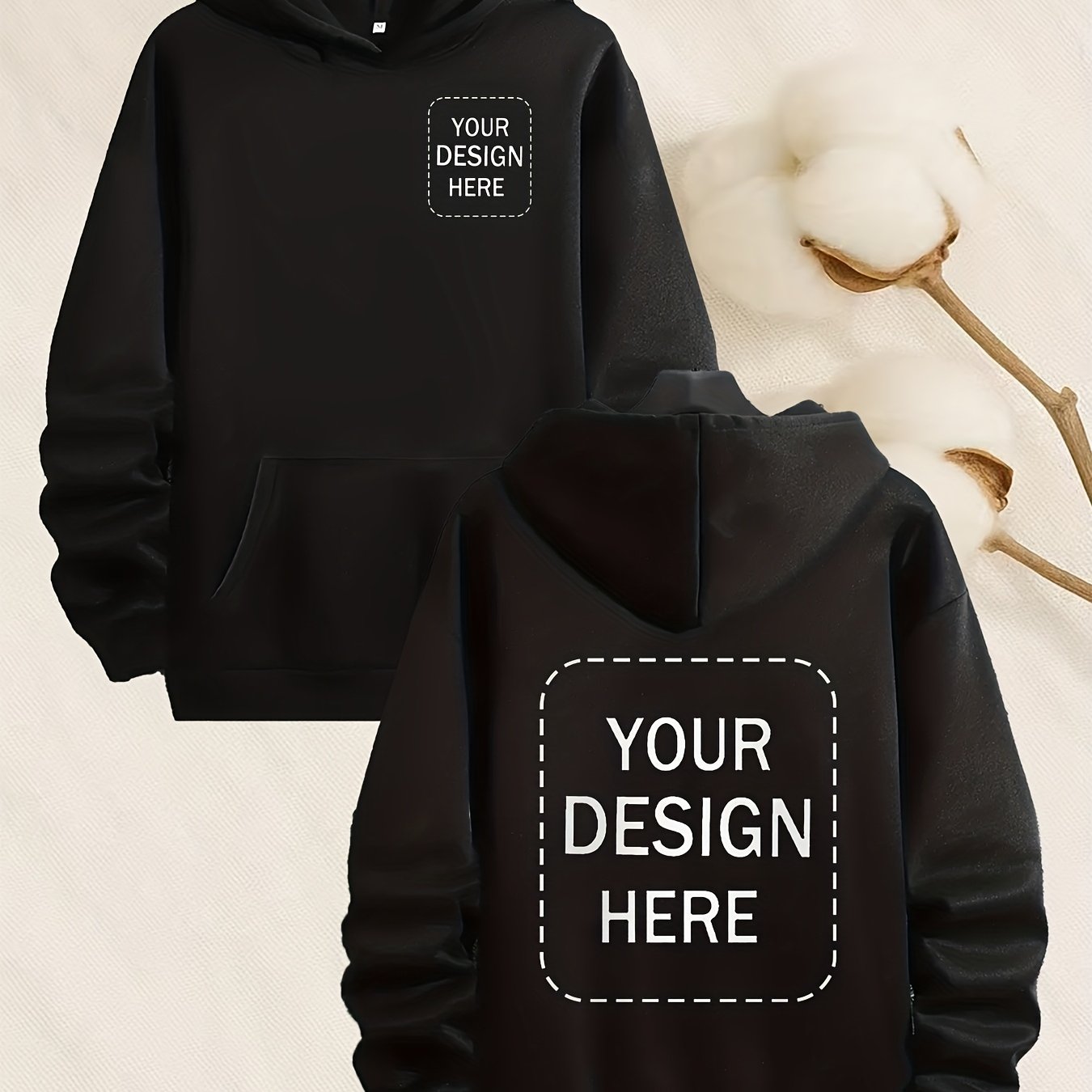 TEMU Customizable Men's Hoodie - Personalized Logo, Loose Fit Drop Shoulder Design, Black Casual Sport Sweatshirt With Pockets, Perfect For Team Or