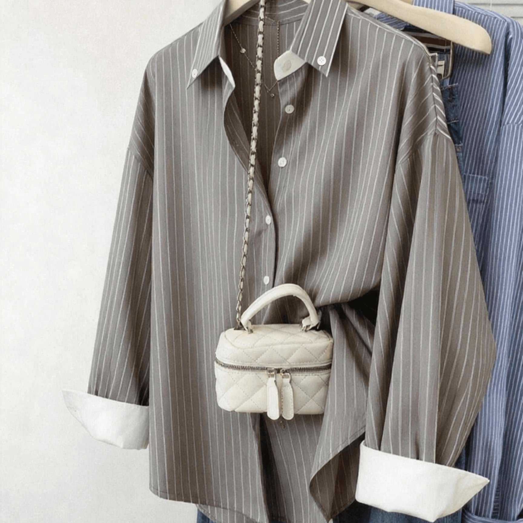 TEMU Women's /summer Contrast Cuff Shirt, Navy Stripe Print Oversized Loose Fit Shirt With White Buttons, Lapel Collar And Long Sleeves, Suitable For