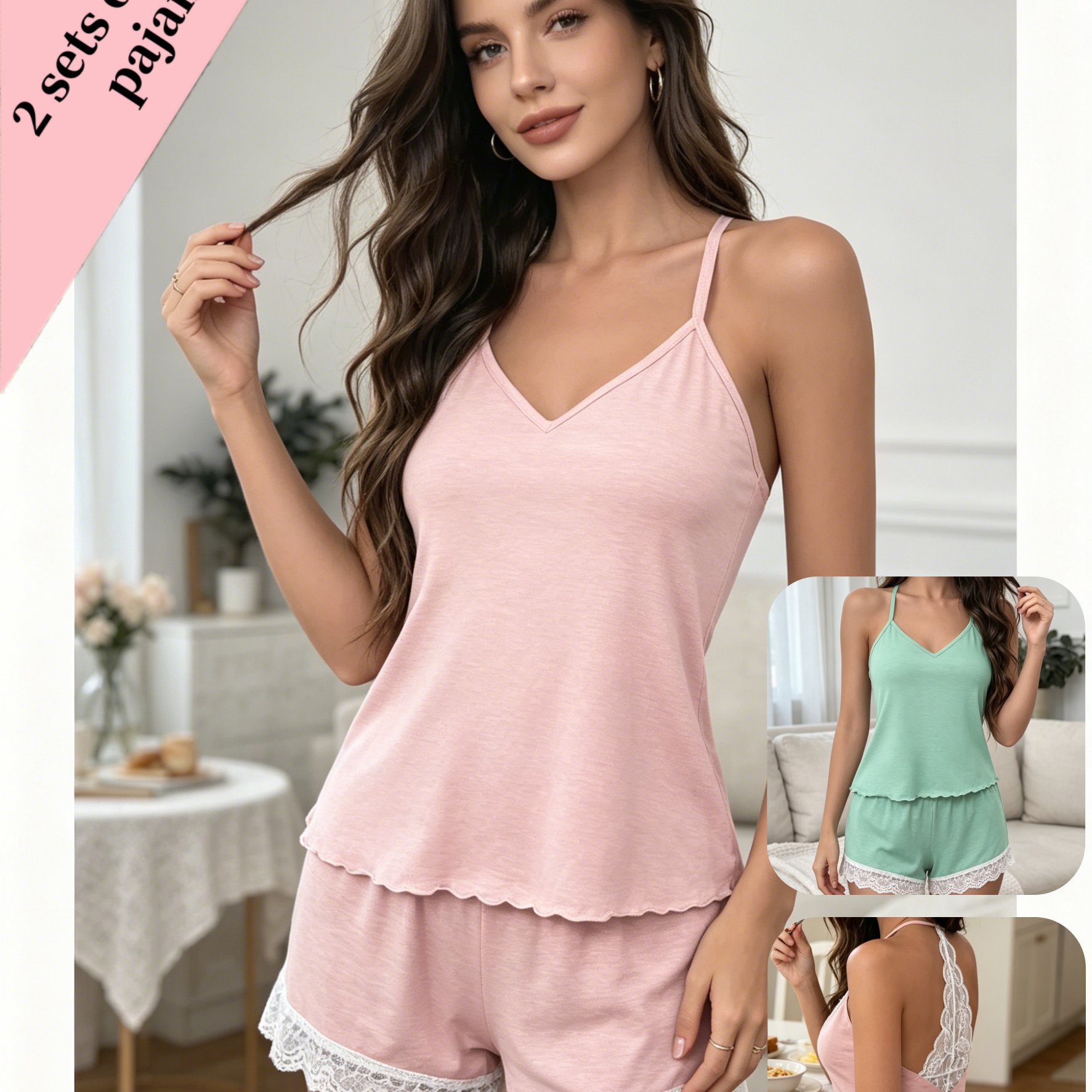 2 Sets Lace Trim V-neck Cami Pajama Set, Ruffle Hem, Wearable Coquette Loungewear