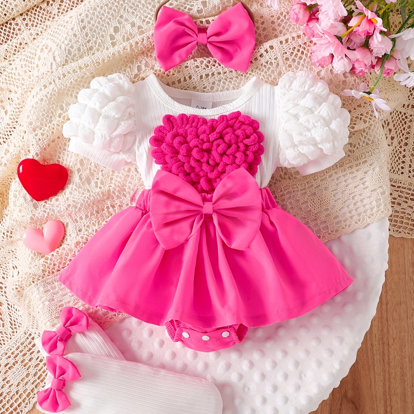 Image of Girls' Bubble Sleeve Heart Embroidery Bow Decor Dress With Headband And Socks Three-piece Set/p101557, Perfect For Outdoor
