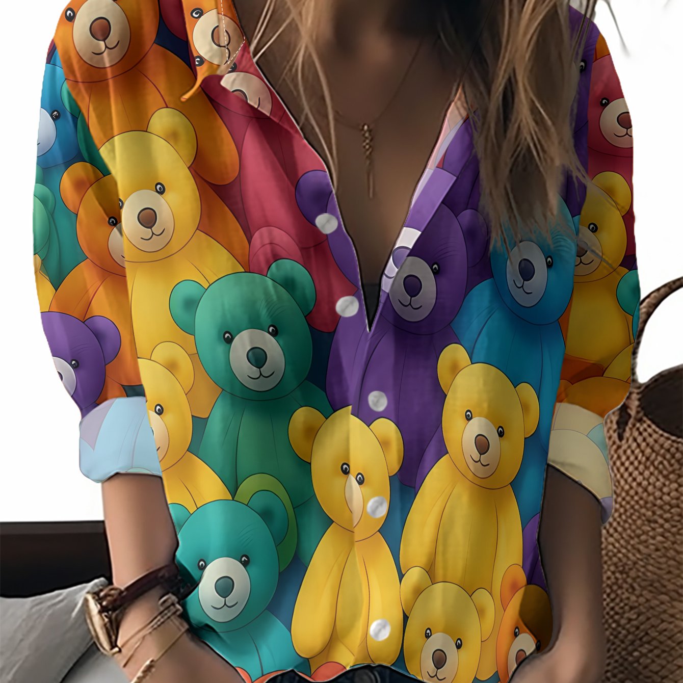 TEMU Women's Long-sleeve Shirt Features A Colorful Of Closely , With A Cute Pattern, Perfect For Festive Gatherings, Commuting, And Casual Wear. Made