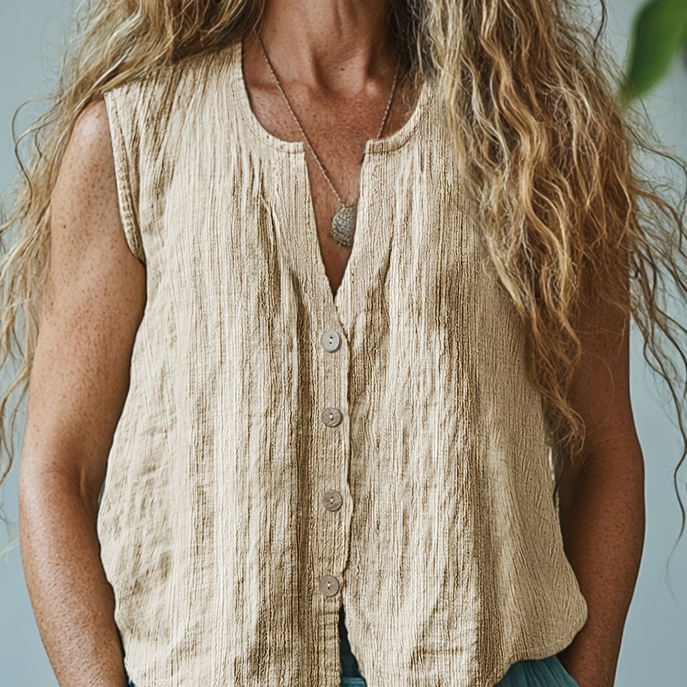 TEMU Fashionable Elegant Sleeveless Contrast Collar Vest Summer Loose V-neck Button Casual Women's Vest Zllz Targeted