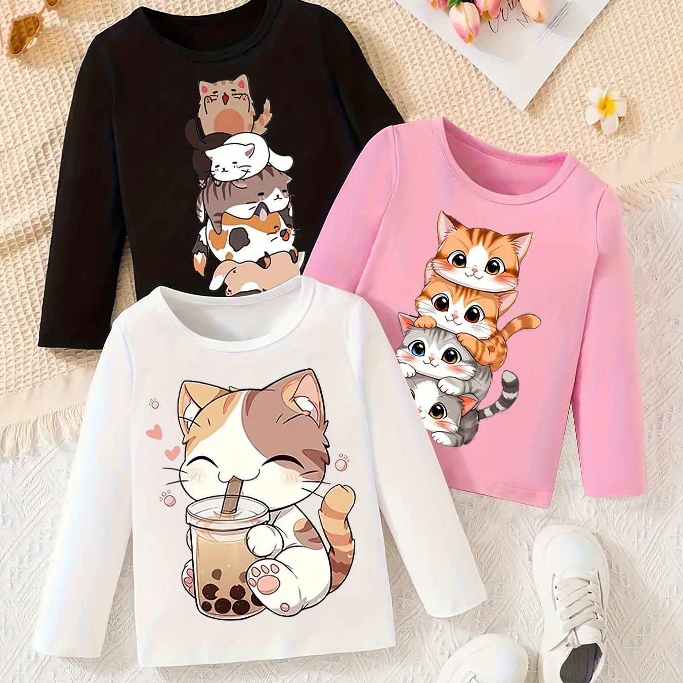 Image of 3pcs Girls' Cute Kitten Print Blouses - Soft Long Sleeve Round Neck Tops With Applique, Layering Shirts For & Little Girls (spring/fall) | Cozy Kitten Outfits, 3pcs Pack For &